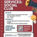 Alt. Text Image description: Dark red flyer promoting Boston Center for Independent Living’s Youth Social Club. All Text Join us for a youth game night! Sign up using the link in our bio. Youth Services: Social Club Details: • Third Thursday of every month • 60 Temple Pl, 5th Floor, Boston, MA 02111 • 5:00 – 7:00 PM Eligibility: • Transition age youth (14-21) with a documented disability • In high school or a post-secondary program Join us for game night! Questions? Email Maddie Heavey, Youth Services Program Manager at mheavey@bostoncil.org